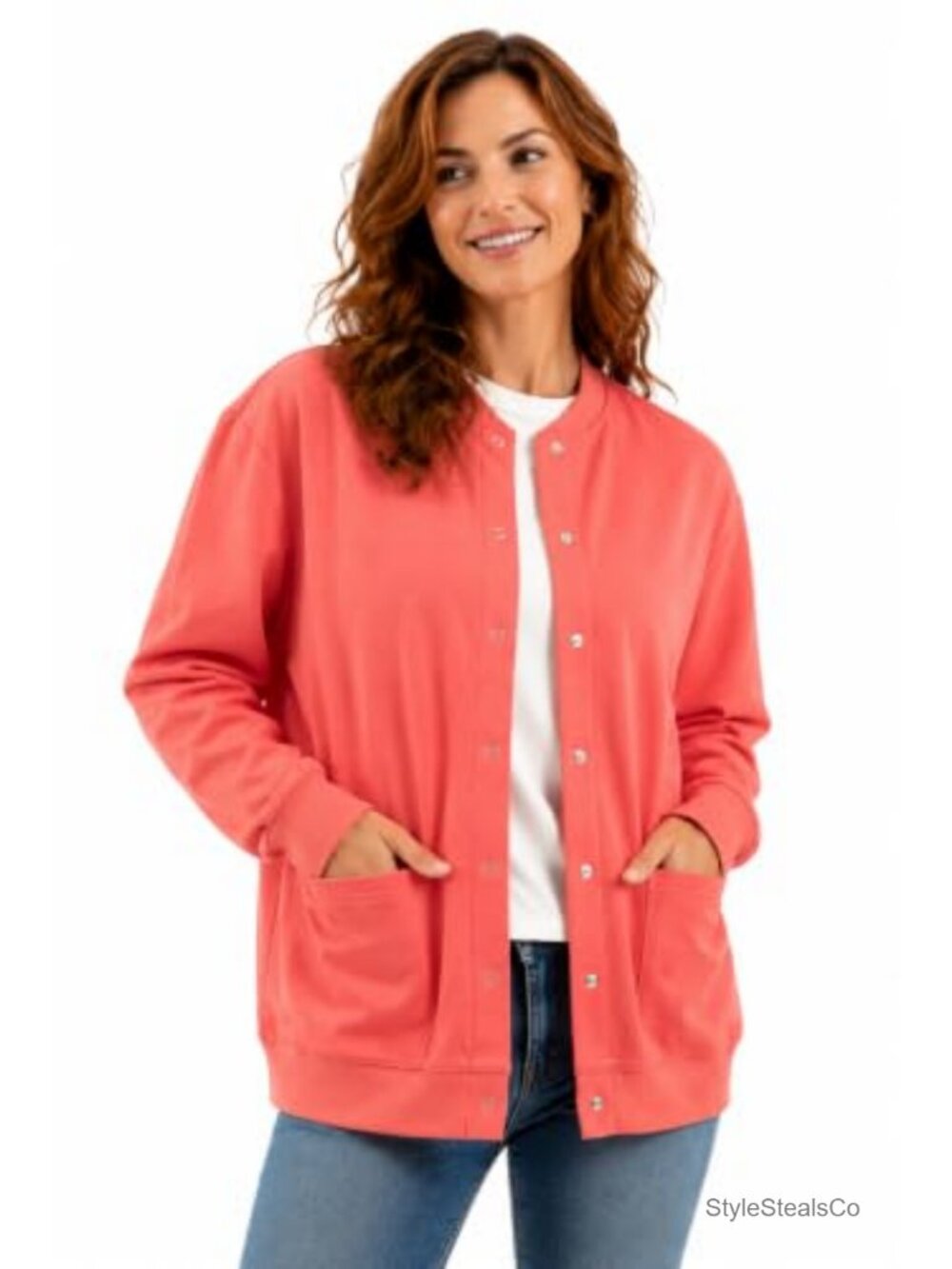 Womens Fleece Snap Front Cardigan with Pockets - Lightweight Long Sleeve